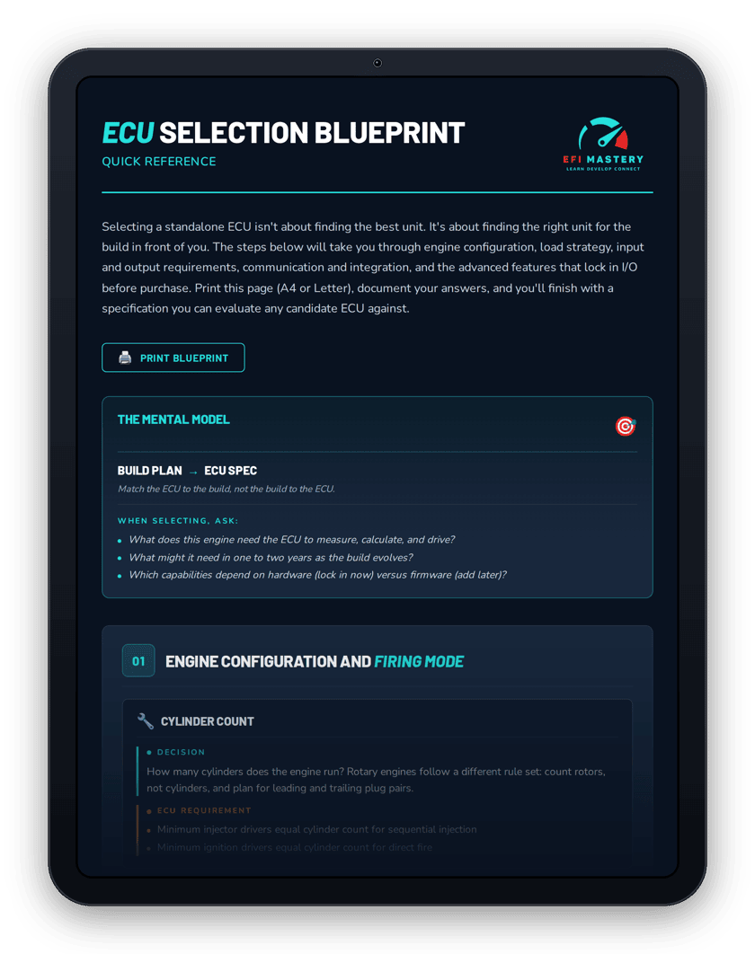 ECU Selection Blueprint reference tool shown on a tablet, a preview of the structured ECU selection process taught in the Hardware Competence Program