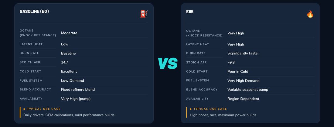 Gasoline E0 and E85 fuel property cards compared side by side