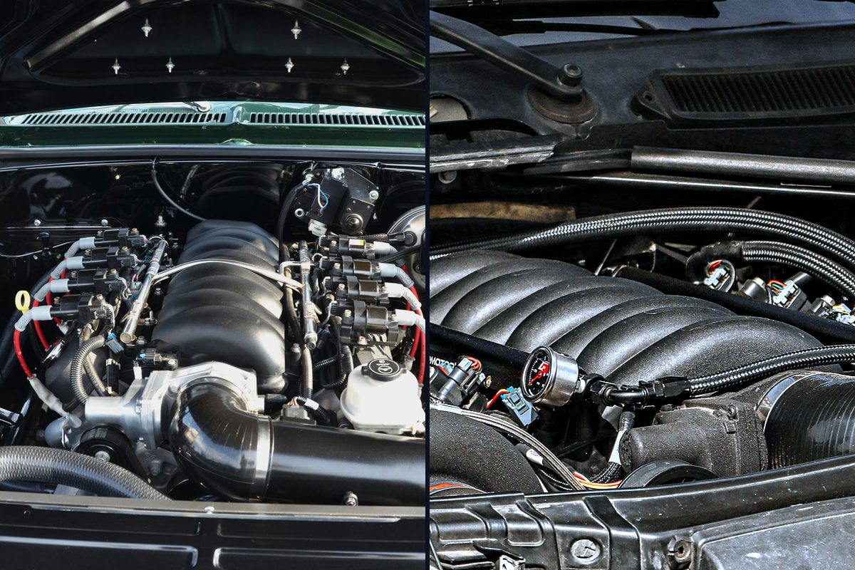 A naturally aspirated EFI V8 engine bay beside a turbocharged EFI V8 engine bay